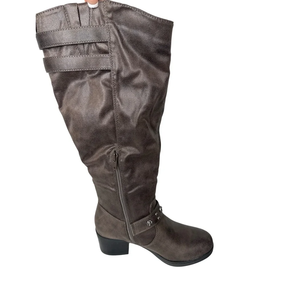 Carlos Santana Cara Knee High Boots Womens 6.5 Brown Fabric Buckle Stud Slouchy